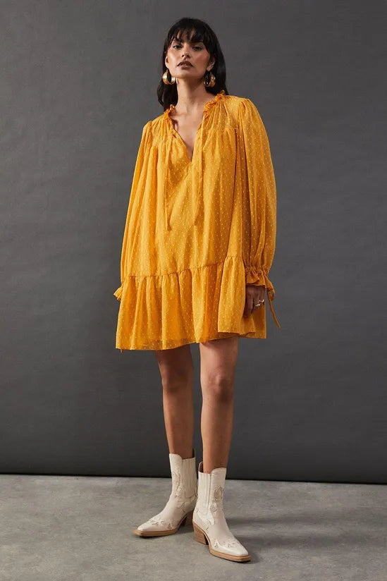 Dobby Chiffon Tie Neck Drop Hem Mini Smock Dress