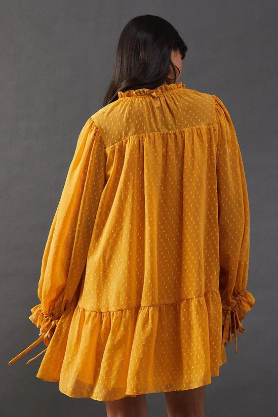 Dobby Chiffon Tie Neck Drop Hem Mini Smock Dress