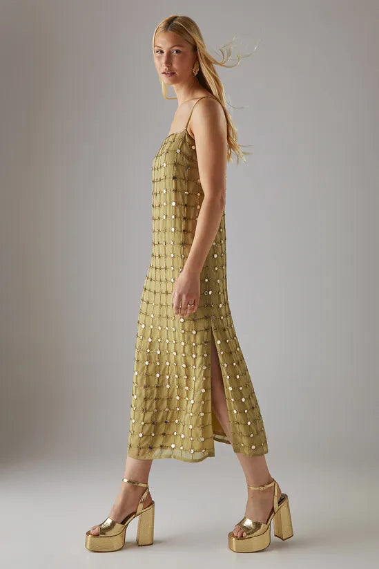 Hand Embellished Sequin Grid Strappy Column Midi Dress