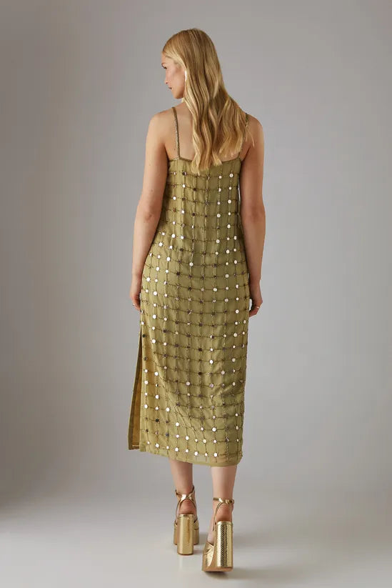 Hand Embellished Sequin Grid Strappy Column Midi Dress