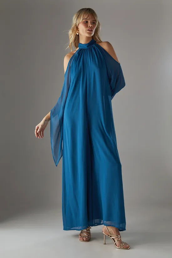 Bohemian Halter Cold Shoulder Flared Sleeve Jumpsuit