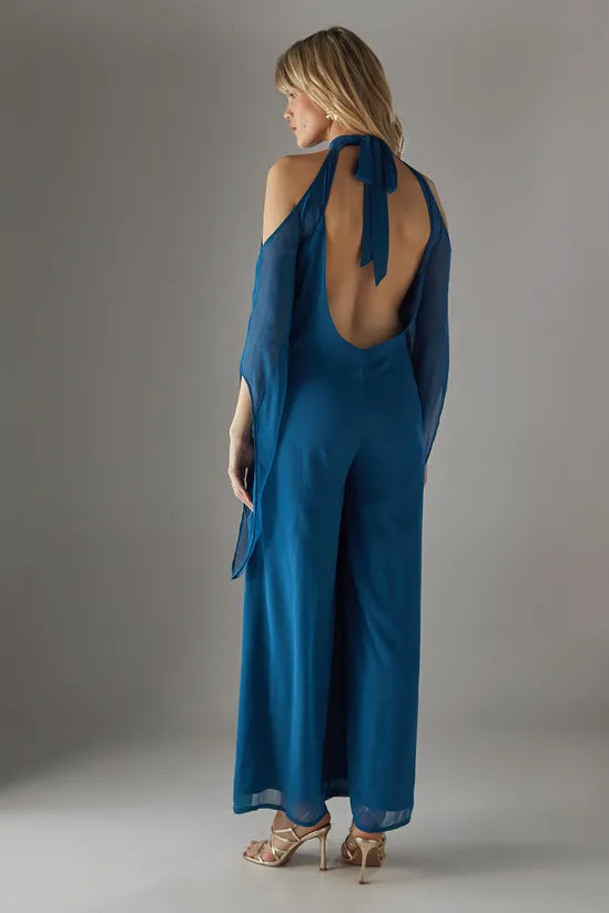 Bohemian Halter Cold Shoulder Flared Sleeve Jumpsuit