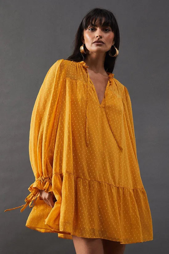 Dobby Chiffon Tie Neck Drop Hem Mini Smock Dress