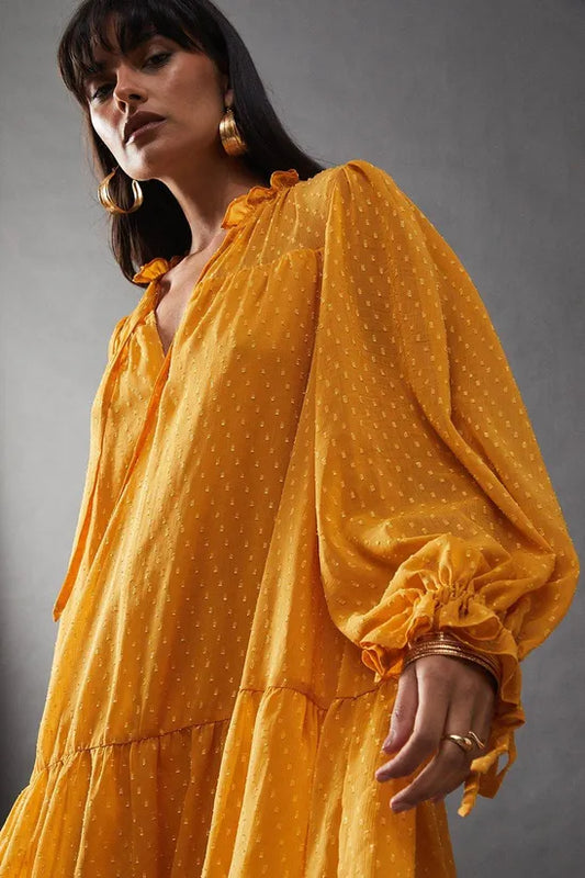 Dobby Chiffon Tie Neck Drop Hem Mini Smock Dress