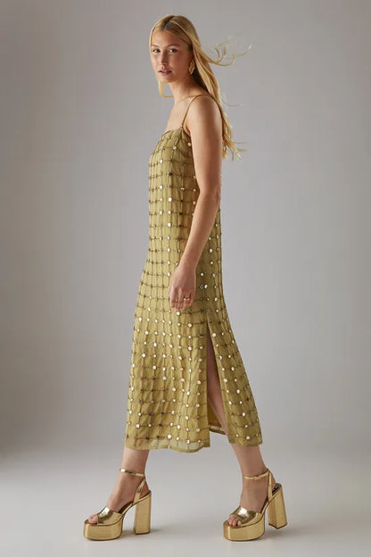 Hand Embellished Sequin Grid Strappy Column Midi Dress
