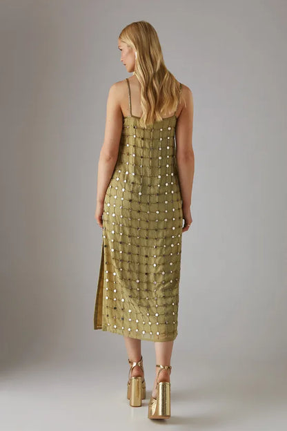 Hand Embellished Sequin Grid Strappy Column Midi Dress