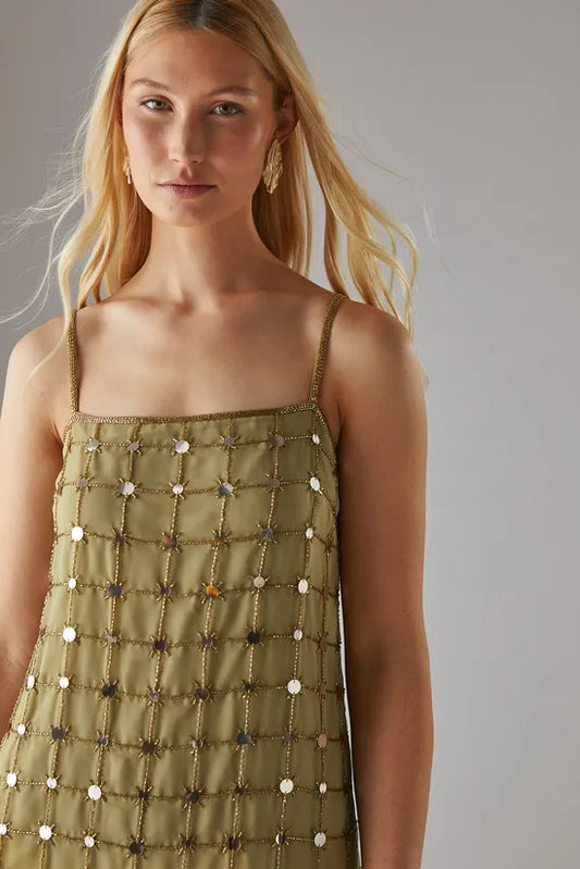 Hand Embellished Sequin Grid Strappy Column Midi Dress