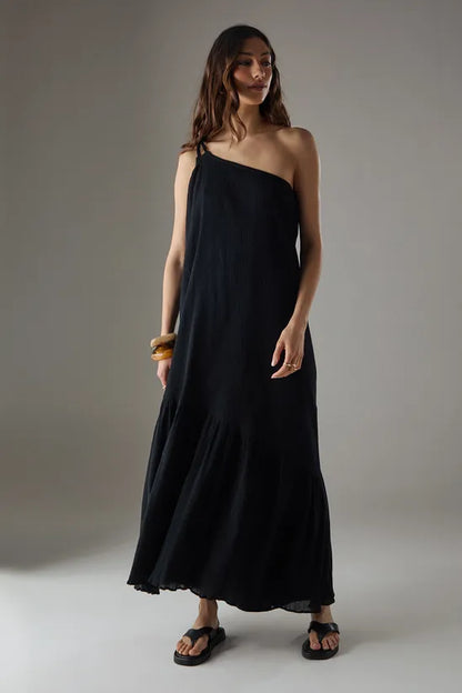 Cheesecloth Double Strap One Shoulder Maxi Sundress