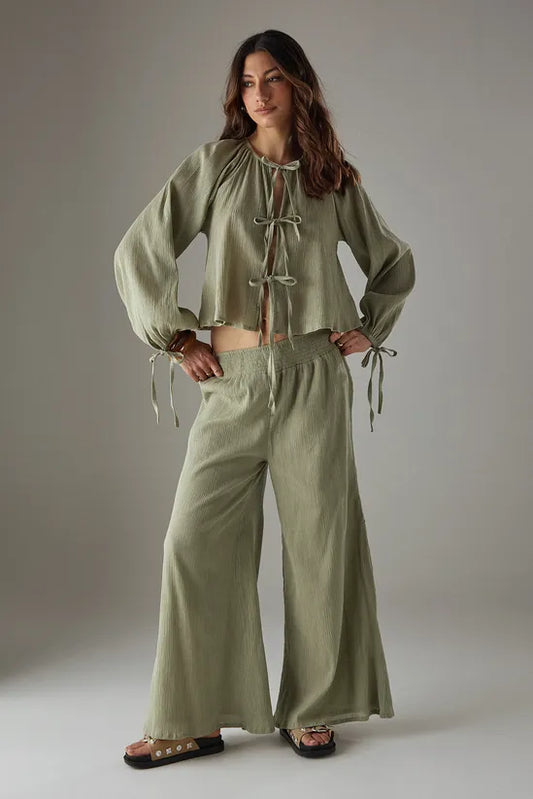 Cheesecloth Shirred Waist Wide Leg Trousers