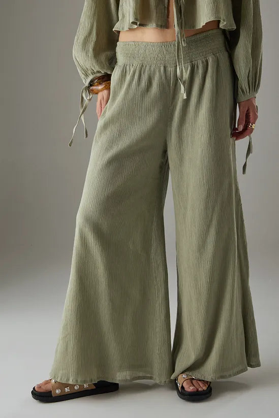 Cheesecloth Shirred Waist Wide Leg Trousers