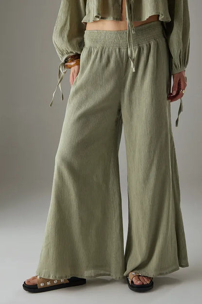 Cheesecloth Shirred Waist Wide Leg Trousers