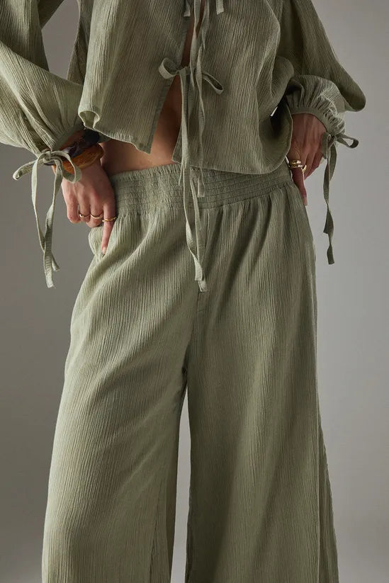 Cheesecloth Shirred Waist Wide Leg Trousers