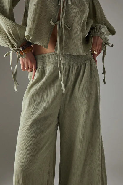 Cheesecloth Shirred Waist Wide Leg Trousers