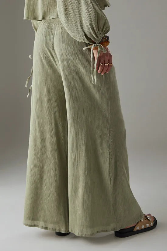 Cheesecloth Shirred Waist Wide Leg Trousers