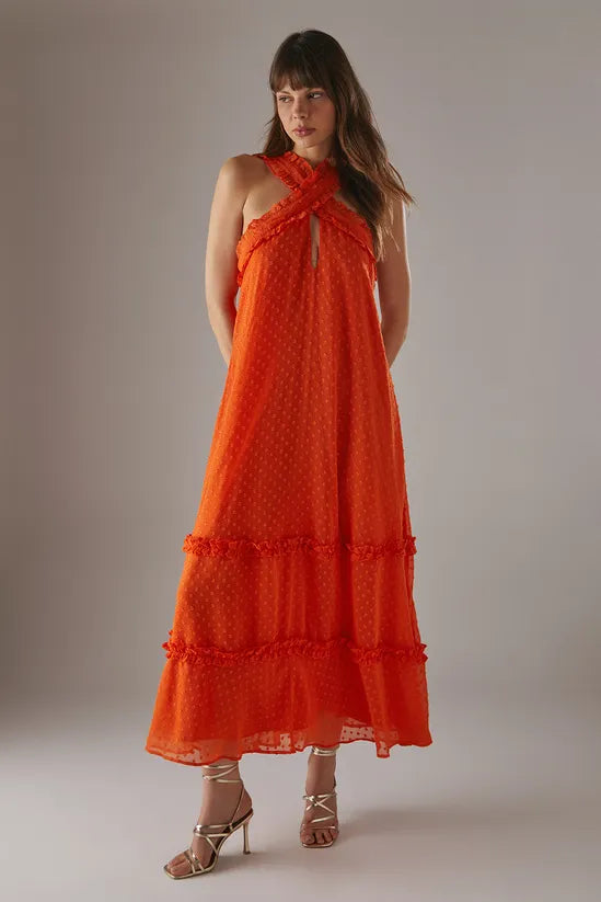 Dobby Chiffon Frill Halter Tier Ruffle Maxi Dress