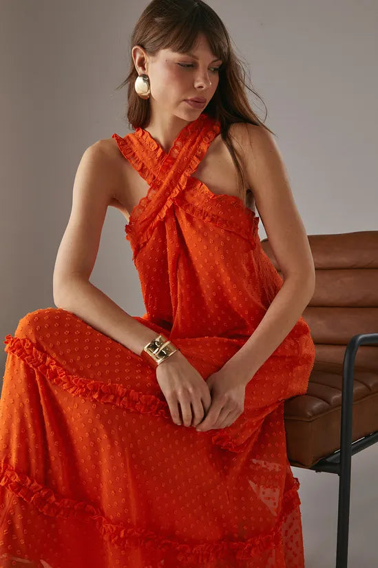 Dobby Chiffon Frill Halter Tier Ruffle Maxi Dress