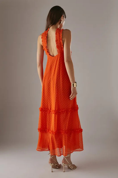 Dobby Chiffon Frill Halter Tier Ruffle Maxi Dress