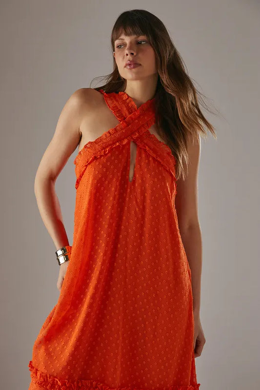 Dobby Chiffon Frill Halter Tier Ruffle Maxi Dress