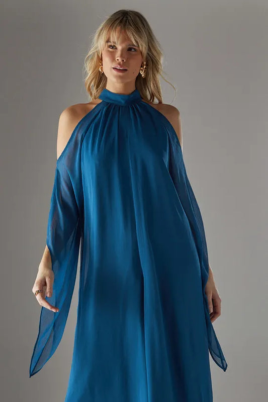 Bohemian Halter Cold Shoulder Flared Sleeve Jumpsuit