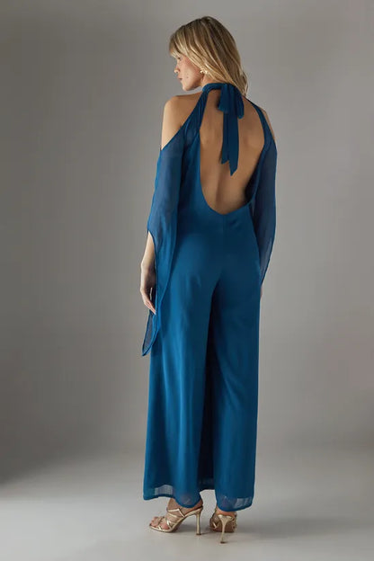 Bohemian Halter Cold Shoulder Flared Sleeve Jumpsuit