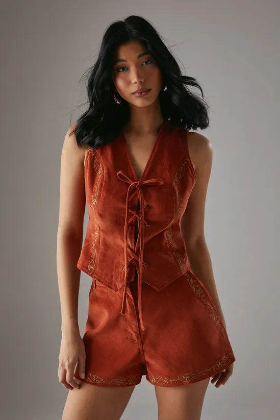HCD Cord Embroidered Lace Up Waistcoat