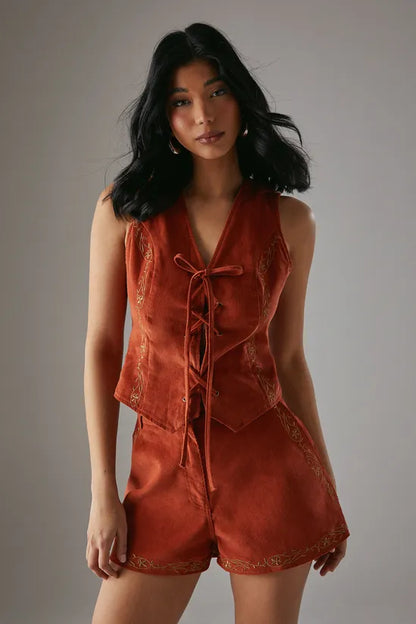 HCD Cord Embroidered Lace Up Waistcoat