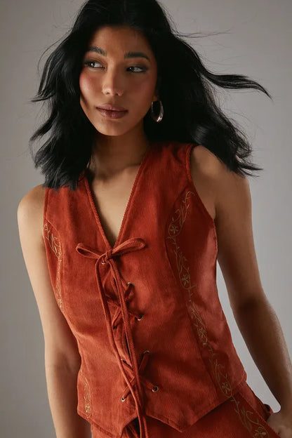 HCD Cord Embroidered Lace Up Waistcoat