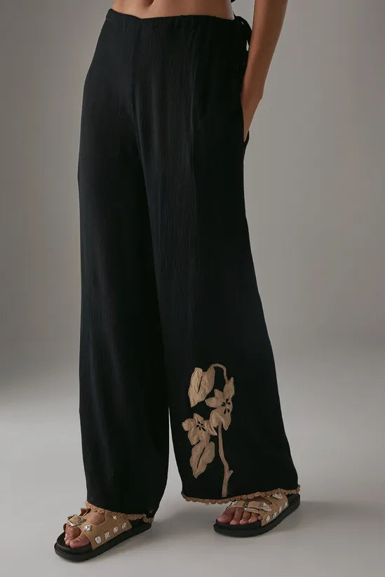 HCD Cheesecloth Embroidered Mid Waist Tie Side Trousers