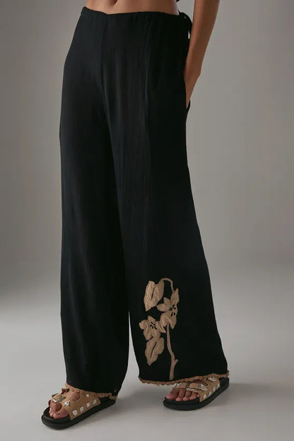 HCD Cheesecloth Embroidered Mid Waist Tie Side Trousers