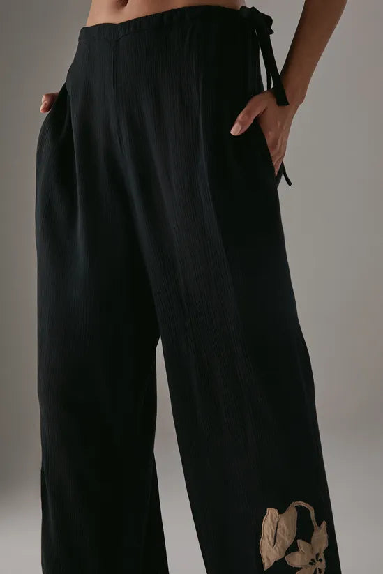 HCD Cheesecloth Embroidered Mid Waist Tie Side Trousers